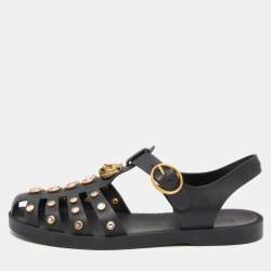 Gucci Black Rubber GG Marmont Crystal Embellishments Caged Flat Sandals Size 39