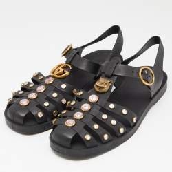 Gucci Black Rubber GG Marmont Crystal Embellishments Caged Flat Sandals Size 39