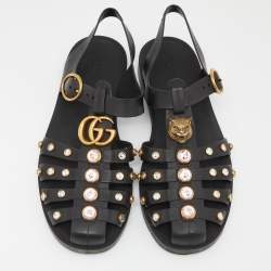 Gucci Black Rubber GG Marmont Crystal Embellishments Caged Flat Sandals Size 39
