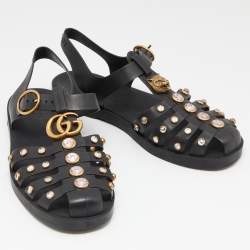 Gucci Black Rubber GG Marmont Crystal Embellishments Caged Flat Sandals Size 39