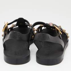 Gucci Black Rubber GG Marmont Crystal Embellishments Caged Flat Sandals Size 39
