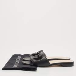 Pre Owned Gucci Black Leather Interlocking G Cut Out Flat Slides Size 36