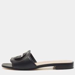 Pre Owned Gucci Black Leather Interlocking G Cut Out Flat Slides Size 36