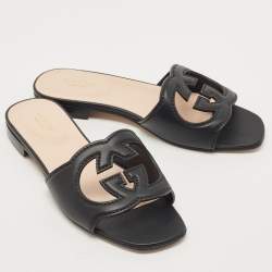 Pre Owned Gucci Black Leather Interlocking G Cut Out Flat Slides Size 36