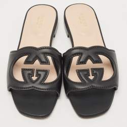 Pre Owned Gucci Black Leather Interlocking G Cut Out Flat Slides Size 36