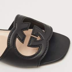 Pre Owned Gucci Black Leather Interlocking G Cut Out Flat Slides Size 36
