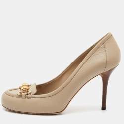 Pre Owned Gucci Beige Leather Bamboo Horsebit Loafer Pumps Size 38