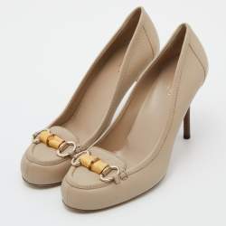 Pre Owned Gucci Beige Leather Bamboo Horsebit Loafer Pumps Size 38