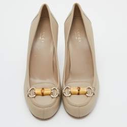 Pre Owned Gucci Beige Leather Bamboo Horsebit Loafer Pumps Size 38