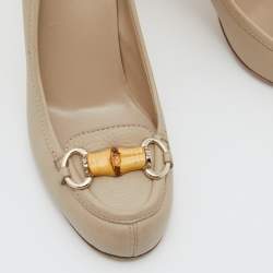 Pre Owned Gucci Beige Leather Bamboo Horsebit Loafer Pumps Size 38