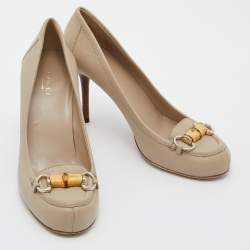 Pre Owned Gucci Beige Leather Bamboo Horsebit Loafer Pumps Size 38