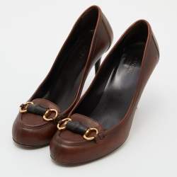 Pre Owned Gucci Two Tone Leather Bamboo Horsebit Loafer Pumps Size 38