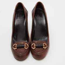 Pre Owned Gucci Two Tone Leather Bamboo Horsebit Loafer Pumps Size 38
