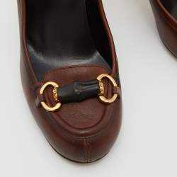 Pre Owned Gucci Two Tone Leather Bamboo Horsebit Loafer Pumps Size 38