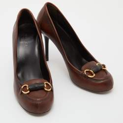 Pre Owned Gucci Two Tone Leather Bamboo Horsebit Loafer Pumps Size 38