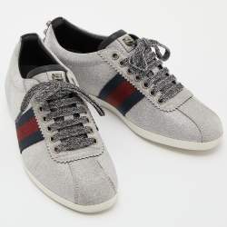 Pre Owned Gucci Silver Glitter Bambi Web Low-Top Sneakers Size 36