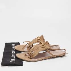 Pre Owned Gucci Beige Suede Becky Fringe Flat Sandals Size 39.5