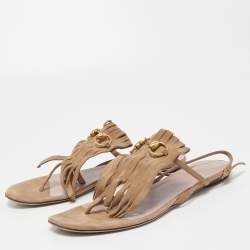 Pre Owned Gucci Beige Suede Becky Fringe Flat Sandals Size 39.5