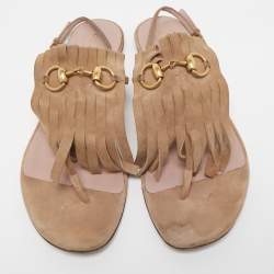 Pre Owned Gucci Beige Suede Becky Fringe Flat Sandals Size 39.5