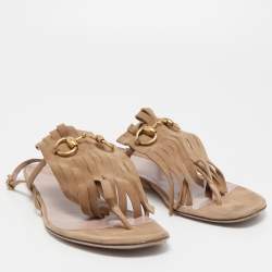 Pre Owned Gucci Beige Suede Becky Fringe Flat Sandals Size 39.5