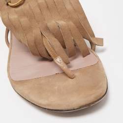 Pre Owned Gucci Beige Suede Becky Fringe Flat Sandals Size 39.5