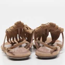 Pre Owned Gucci Beige Suede Becky Fringe Flat Sandals Size 39.5
