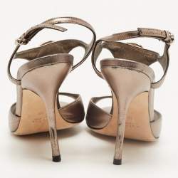 Gucci Metallic Grey Leather Crystal Embellished Buckle T-Strap Sandals Size 38