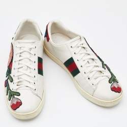 Gucci White Floral Embroidered Leather Ace Low Top Sneakers Size 36.5