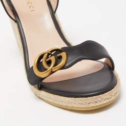 Gucci Black Leather Double G Wedge Espadrille Ankle Strap Sandals Size 36