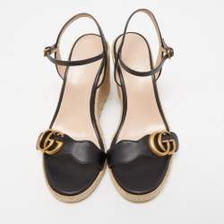 Gucci Black Leather Double G Wedge Espadrille Ankle Strap Sandals Size 36