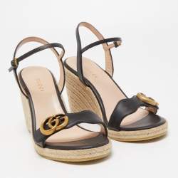 Gucci Black Leather Double G Wedge Espadrille Ankle Strap Sandals Size 36