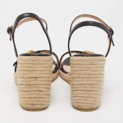 Gucci Black Leather Double G Wedge Espadrille Ankle Strap Sandals Size 36