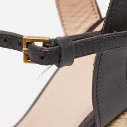 Gucci Black Leather Double G Wedge Espadrille Ankle Strap Sandals Size 36