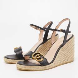 Gucci Black Leather Double G Wedge Espadrille Ankle Strap Sandals Size 36
