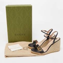 Gucci Black Leather Double G Wedge Espadrille Ankle Strap Sandals Size 36