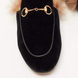 Pre Owned Gucci Black Velvet and Fur Princetown Flat Mules Size 38