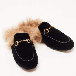 Pre Owned Gucci Black Velvet and Fur Princetown Flat Mules Size 38