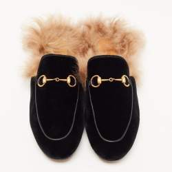 Pre Owned Gucci Black Velvet and Fur Princetown Flat Mules Size 38