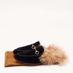 Pre Owned Gucci Black Velvet and Fur Princetown Flat Mules Size 38