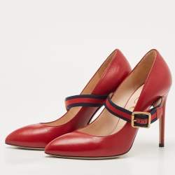 مملوكة مسبقًا Gucci Red Leather Sylvie Mary Jane Pumps Size 39