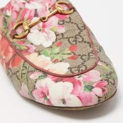 Pre Owned Gucci Beige/Brown GG Supreme Blooms Canvas Princetown Flat Mules Size 38.5