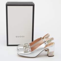Gucci Silver Leather G Crystal Embellished Block Heel Sandals Size 40