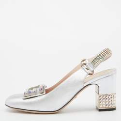 Gucci Silver Leather G Crystal Embellished Block Heel Sandals Size 40