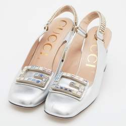 Gucci Silver Leather G Crystal Embellished Block Heel Sandals Size 40
