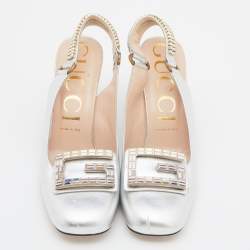 Gucci Silver Leather G Crystal Embellished Block Heel Sandals Size 40