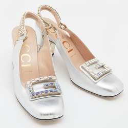 Gucci Silver Leather G Crystal Embellished Block Heel Sandals Size 40