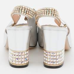 Gucci Silver Leather G Crystal Embellished Block Heel Sandals Size 40