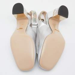 Gucci Silver Leather G Crystal Embellished Block Heel Sandals Size 40