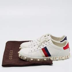 Gucci White Leather Ace Pearl Embellished Web Low Top Sneakers Size 39