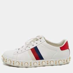 Gucci White Leather Ace Pearl Embellished Web Low Top Sneakers Size 39